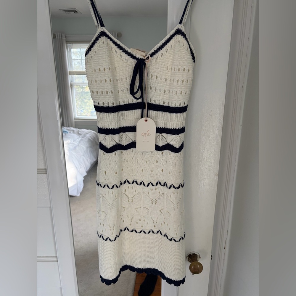 Isla Crochet Knit White & Navy Stripe Summer Dress
